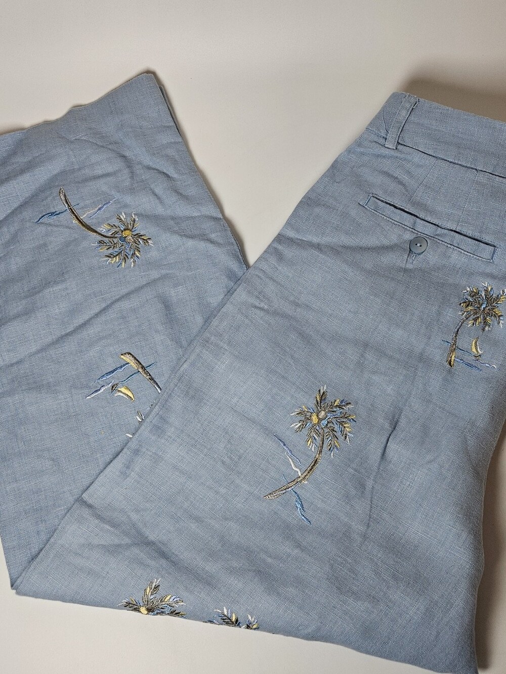 Saint Tropez West Wide Leg Linen Pants Womens Sz 8 embroidered Palm Trees Costal